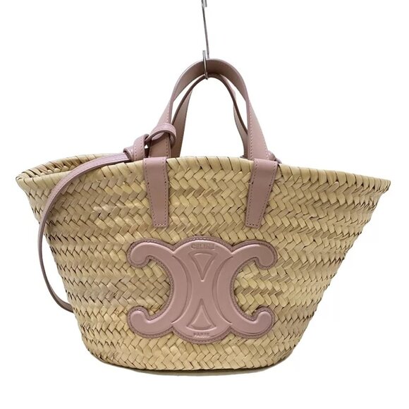 CELINE Teen Triomphe 194002CML Light Brown Pink Raffia Leather Tote Bag - Picture 1 of 14